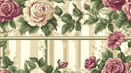 Decorative textile ornament featuring a traditional seamless design Striped pattern with rose blooms and green foliage Floral wallpaper in shades of beige magenta and green