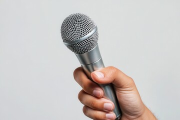 A hand holding a silver microphone isolated on white background