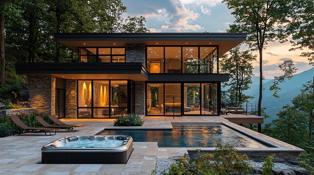A luxurious modern home with expansive glass walls and a hot tub on the deck, overlooking a stunning mountain vista
