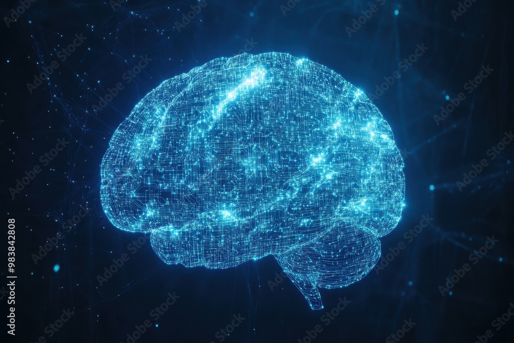 Poster generate a high-resolution digital image of a glowing, futuristic brain made of circuit-like