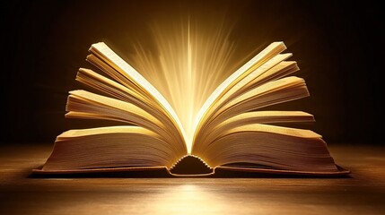 An open book lying flat, with visible pages turning slightly, inviting the reader into its contents. The image captures the essence of knowledge, education, and imagination, symbolizing storytelling, 