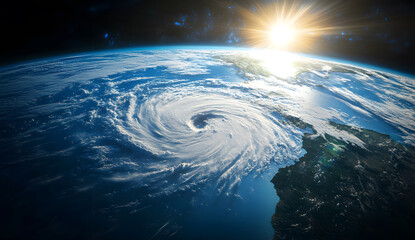 Earth from Space with Hurricane and Sunrise,  Global Climate Concept