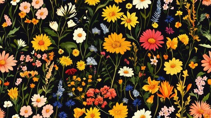 Seamless graphic pattern of wildflowers on a black background suitable for decorating various surfaces including furniture walls interiors textiles and stationery 4000x4000 300 dpi