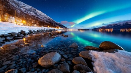  The Northern Lights glowing brightly over a calm fjord in Norway, with snow-covered mountains and reflective waters below.