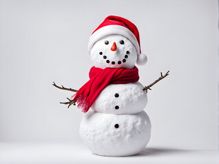 Fototapeta premium one snowman with red scarf and Santa hat on isolated white background