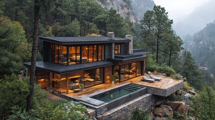 A modern cabin in the mountains, surrounded by pine trees and overlooking a deep canyon