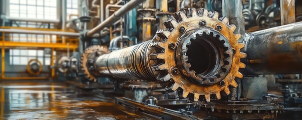 Closeup of industrial machinery in a plant, detailed gears and pipes, watercolor style with soft, flowing brushstrokes