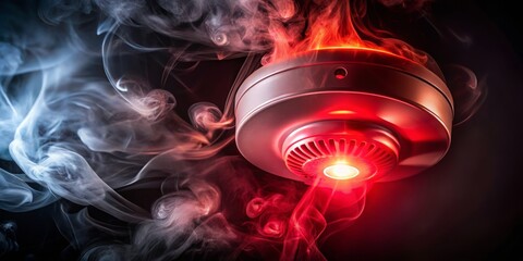 A red light from a smoke alarm glows in the dark, signaling a potential fire danger that demands