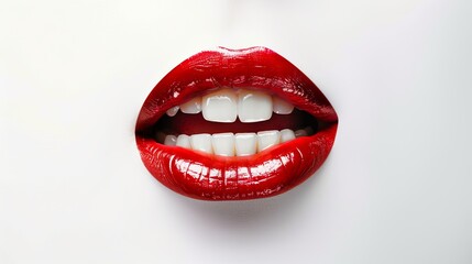 Obraz premium Close-up of an open female mouth showcasing vibrant red lips and pearly white teeth, elegantly enhanced with lipstick, isolated against a clean white background for beauty and makeup themed visuals