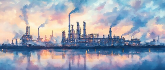 Obraz premium Watercolor depiction of a refinery at dawn, pastel colors blending into the misty sky, industrial strength meets nature s beauty