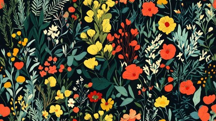 Obraz premium Abstract seamless pattern featuring plants herbs and flowers in a vibrant botanical illustration