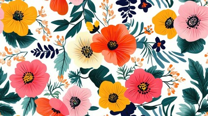 Seamless floral pattern featuring vibrant multicolored flowers and tropical leaves on a white background An elegant design suitable for stylish prints Contemporary floral backdrop in a fashionable
