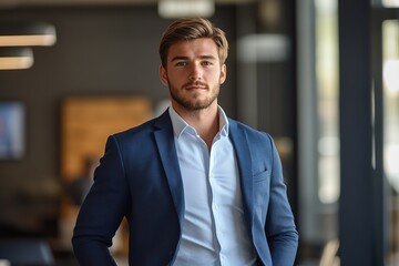 Fototapeta premium Handsome young business man standing confident in the office hyper realastic background