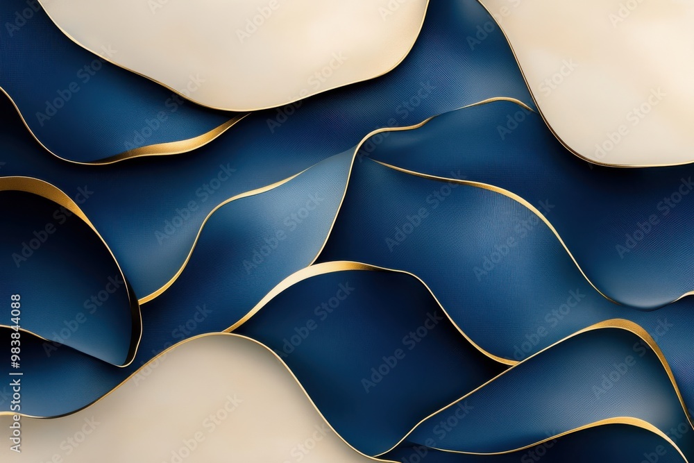 Poster generate an abstract image with sweeping curves of deep blue and gold.