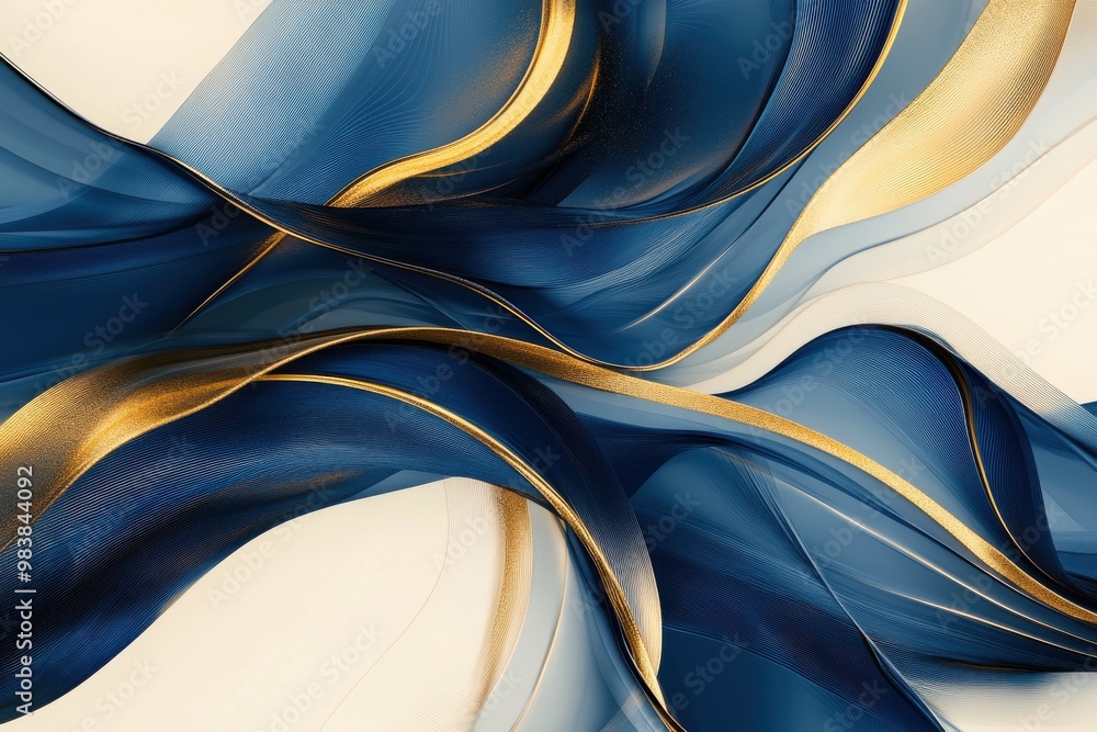 Poster generate an abstract image with sweeping curves of deep blue and gold.