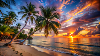 Calm ocean waves lap at the shore as the sun dips below the horizon, casting a golden glow on the palm trees.