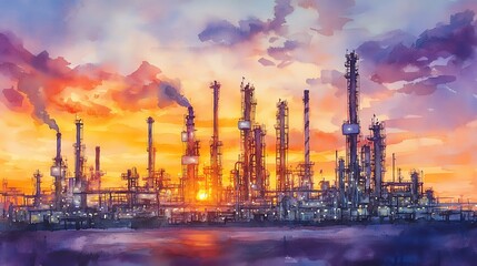Obraz premium Watercolor painting of an oil refinery at sunset, warm oranges and purples blending with the industrial steel grays, serene and powerful