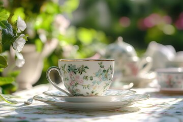 Fototapeta premium Garden tea party with vintage china set