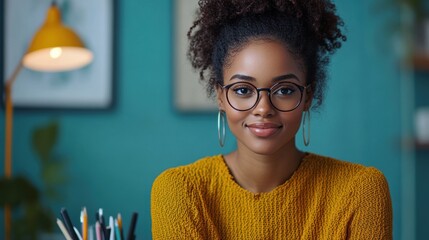 Confident & Creative: A young Black woman with glasses and a warm smile exudes confidence in her vibrant home office. 