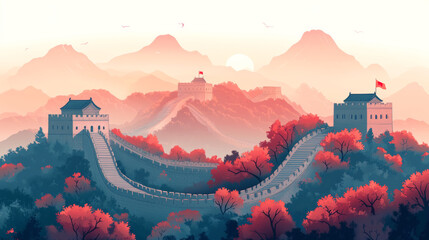 the Great Wall of China under the sky, sunset gradient background, minimalist style, china landscape wallpaper
