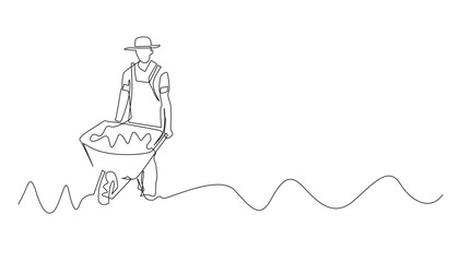 continuous line drawing of farmer transporting with a wheelbarrow .single line drawing of agricultural activity.isolated white background