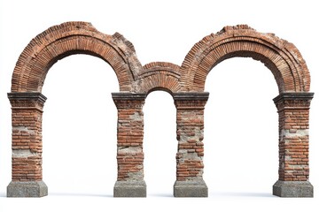 Generate an image of three ancient Roman brick arches, each varying in size and design,