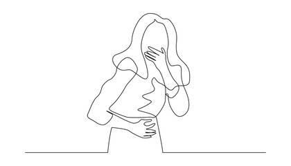 continuous line of woman vomiting. one line drawing of woman holding her stomach and covering her mouth. one line concept of woman having stomach ache, menstruation, pregnancy, etc.
