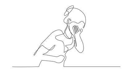 continuous line of woman vomiting. one line drawing of woman holding her stomach and covering her mouth. one line concept of woman having stomach ache, menstruation, pregnancy, etc.