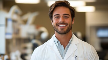 Obraz premium Confident Scientist in the Lab: A young male scientist smiles confidently in a modern laboratory setting, radiating expertise and passion for his research. 