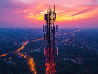 Telecommunication Tower Silhouette Against Vibrant Sunset: An aerial view of a tall telecommunication tower silhouetted against a breathtaking sunset, painting the sky with vibrant hues of pink and or