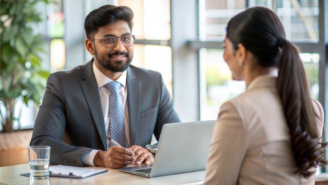 "Indian HR Manager Conducting Interview" - An Indian HR professional conducting a job interview with a candidate.	
