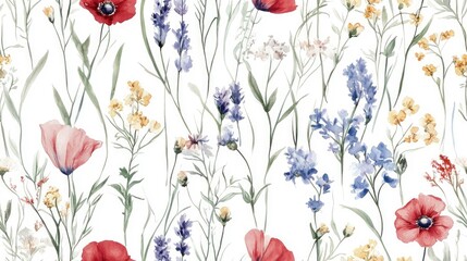 Naklejka premium Seamless watercolor floral pattern featuring various buds of garden and field flowers