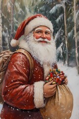 Cheerful Santa Claus in Winter Wonderland with Gifts
