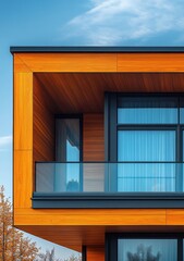 Modern Architecture: Minimalist Design: A close-up of a modern home's exterior, showcasing clean lines, sleek windows, and a wooden facade. This architectural detail evokes a sense of luxury and sophi