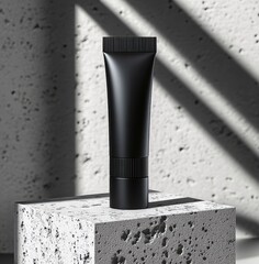 Black Tube's Concrete Stage: A sleek black cosmetic tube basks in the graphic light, standing on a textured concrete podium, minimalist elegance for brand and product showcasing.  