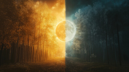 Fototapeta premium Light and Dark Forest, a forest scene split in two, with one side illuminated by sunlight and the other shadowed by the moon, with copy space, The September Equinox
