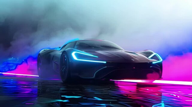 Speeding down a wet city street at night, a sleek futuristic sports car leaves vibrant trails of pink and blue light, reflecting off the slick road in a cyberpunk atmosphere