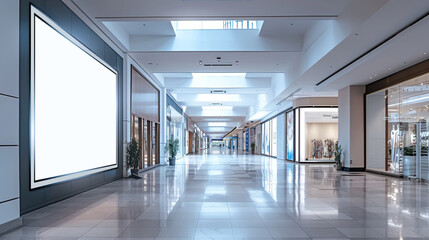 Prominent blank white signboard in the entrance hall of a bustling shopping center.