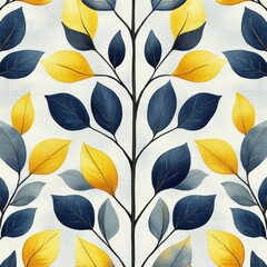 Obraz premium Blue and Yellow Leaf Pattern: A seamless, elegant, and minimalist pattern featuring blue and yellow leaves on a white background. Perfect for creating stylish and sophisticated designs. 