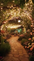 Fototapeta premium A charming garden pathway lit by twinkling lights and blooming flowers invites evening wonder