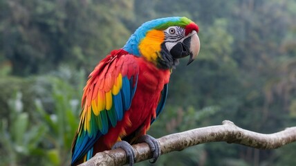 Fototapeta premium Vibrant Scarlet Macaw Perched on a Branch in a Tropical Rainforest