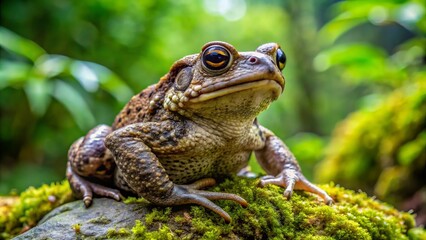 Fototapeta premium A toad propped on a rock, its six toes spread wide, appears tiny yet bold, camouflaged amidst lush