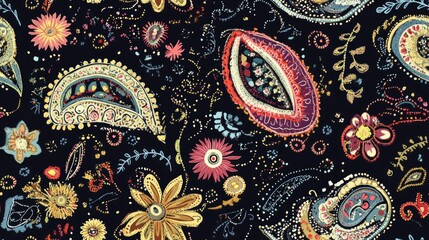 Textile embroidery pattern featuring paisley motifs on a dark background