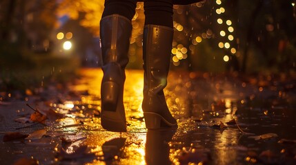 Rain boots lure along a fall path beneath bright lights