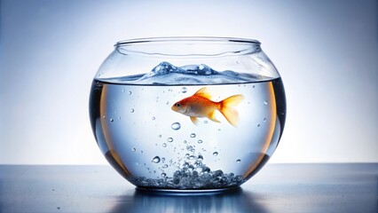 A transparent glass fish bowl sits on a crisp white surface, its edges barely visible as it holds