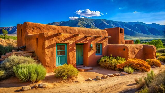 A traditional adobe clay house nestled in a tranquil desert landscape, surrounded by natural beauty, under a vast