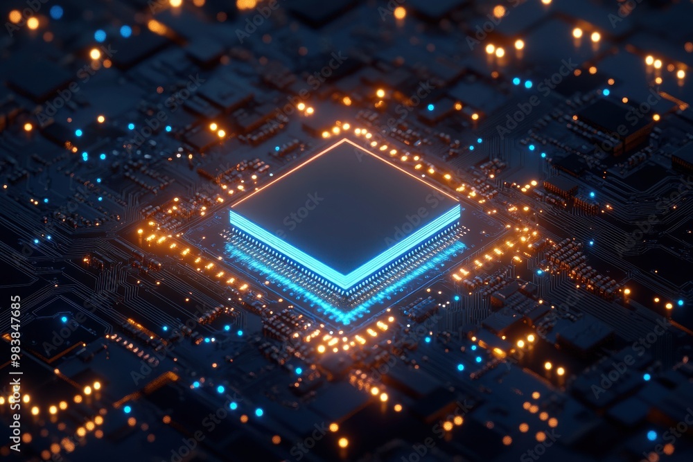 Poster illustrate a high-tech image focusing on a glowing microchip centered on a complex