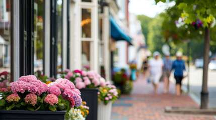 Charming sidewalk in a quaint town with vibrant shops, colorful flowers, and people leisurely strolling. Small-town life with cozy storefronts, lively blooms, and relaxed pedestrians.