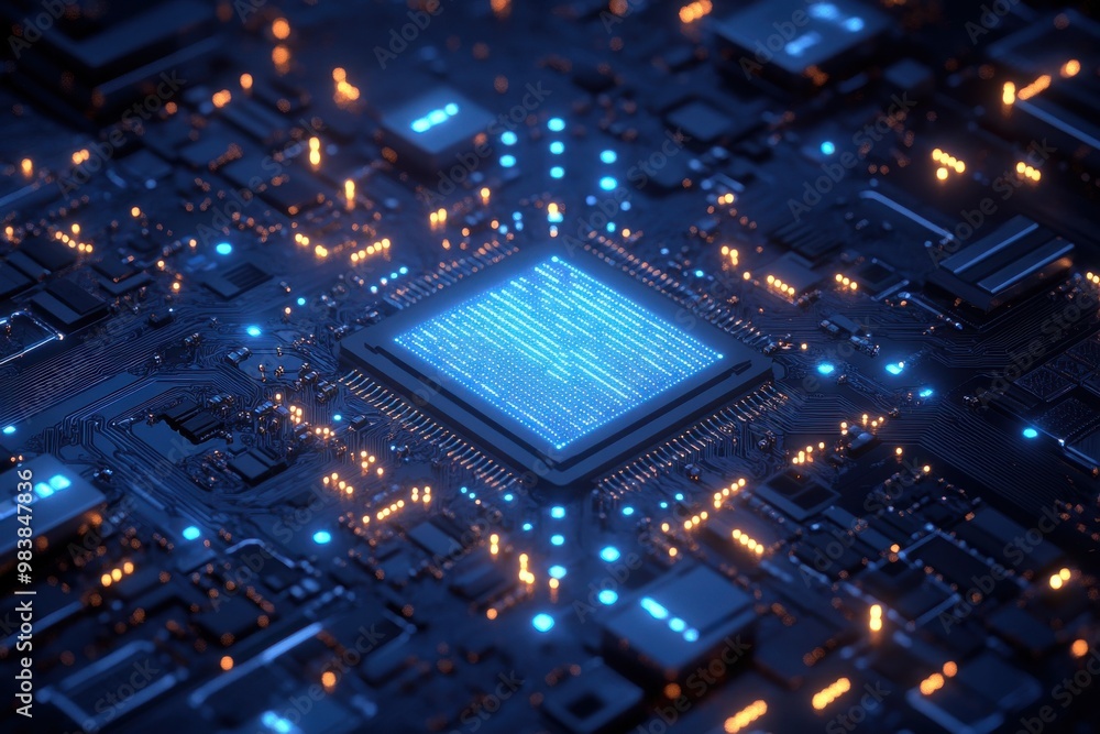 Poster illustrate a high-tech image focusing on a glowing microchip centered on a complex