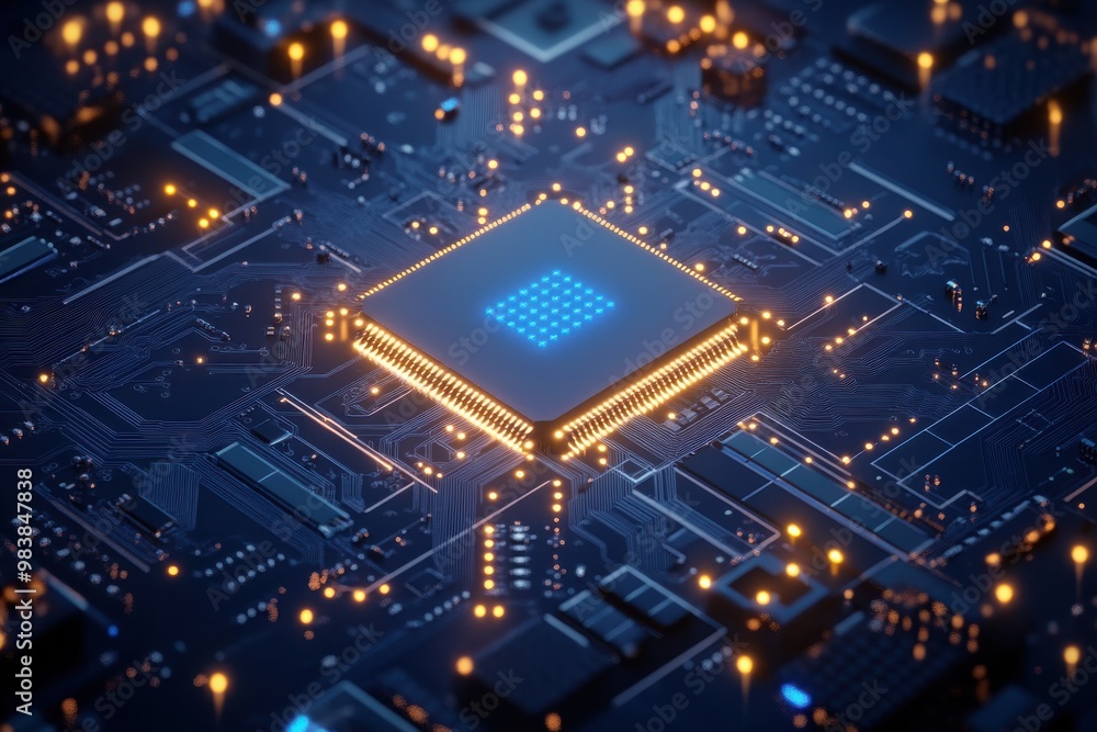 Poster illustrate a high-tech image focusing on a glowing microchip centered on a complex